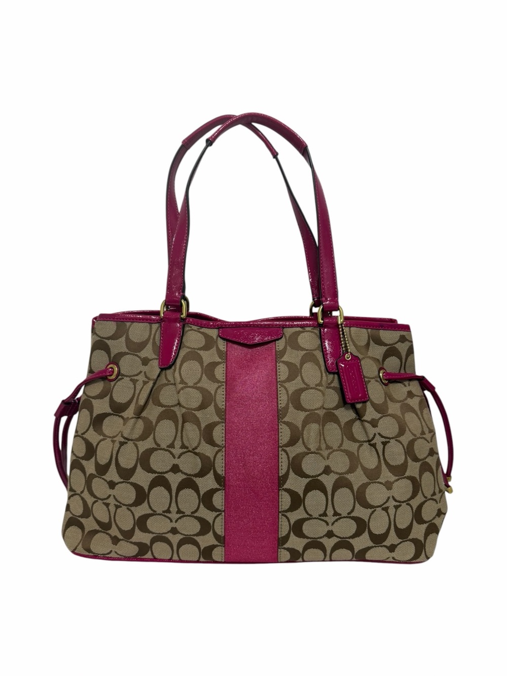 Coach Tan/Fuchsia Logo Canvas Shoulder Handbag